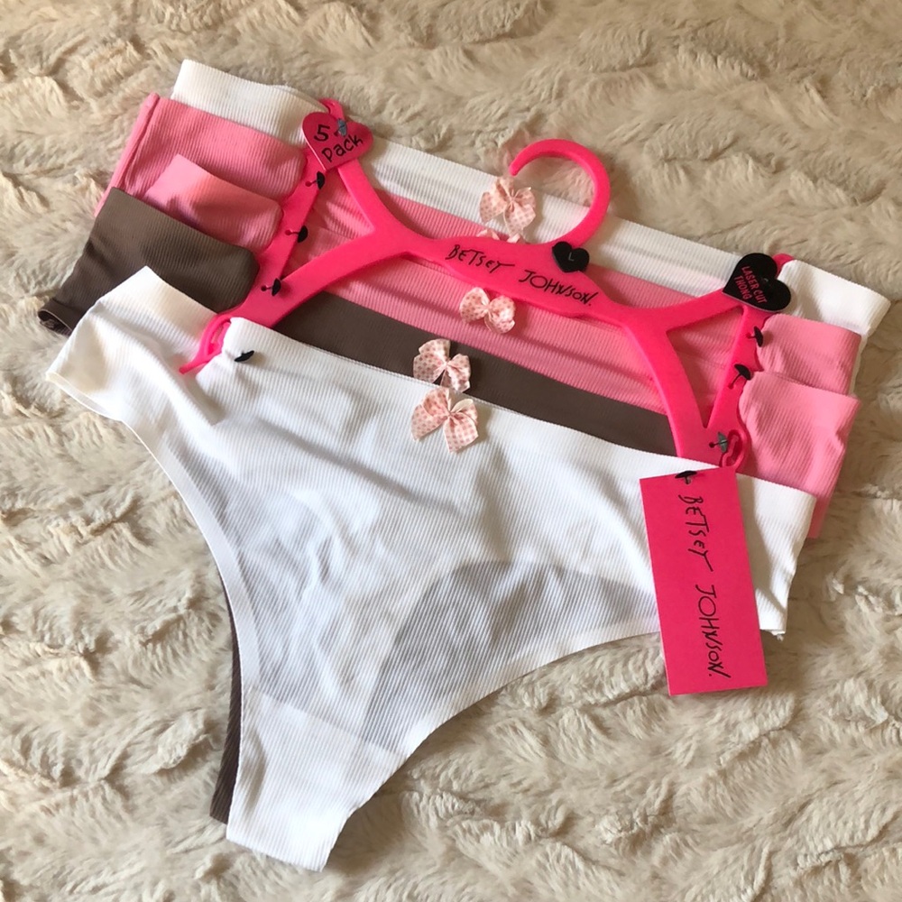 Betsey Johnson Women’s 5-Pack Laser Cut Thong Underwear - Pink, White, Brown